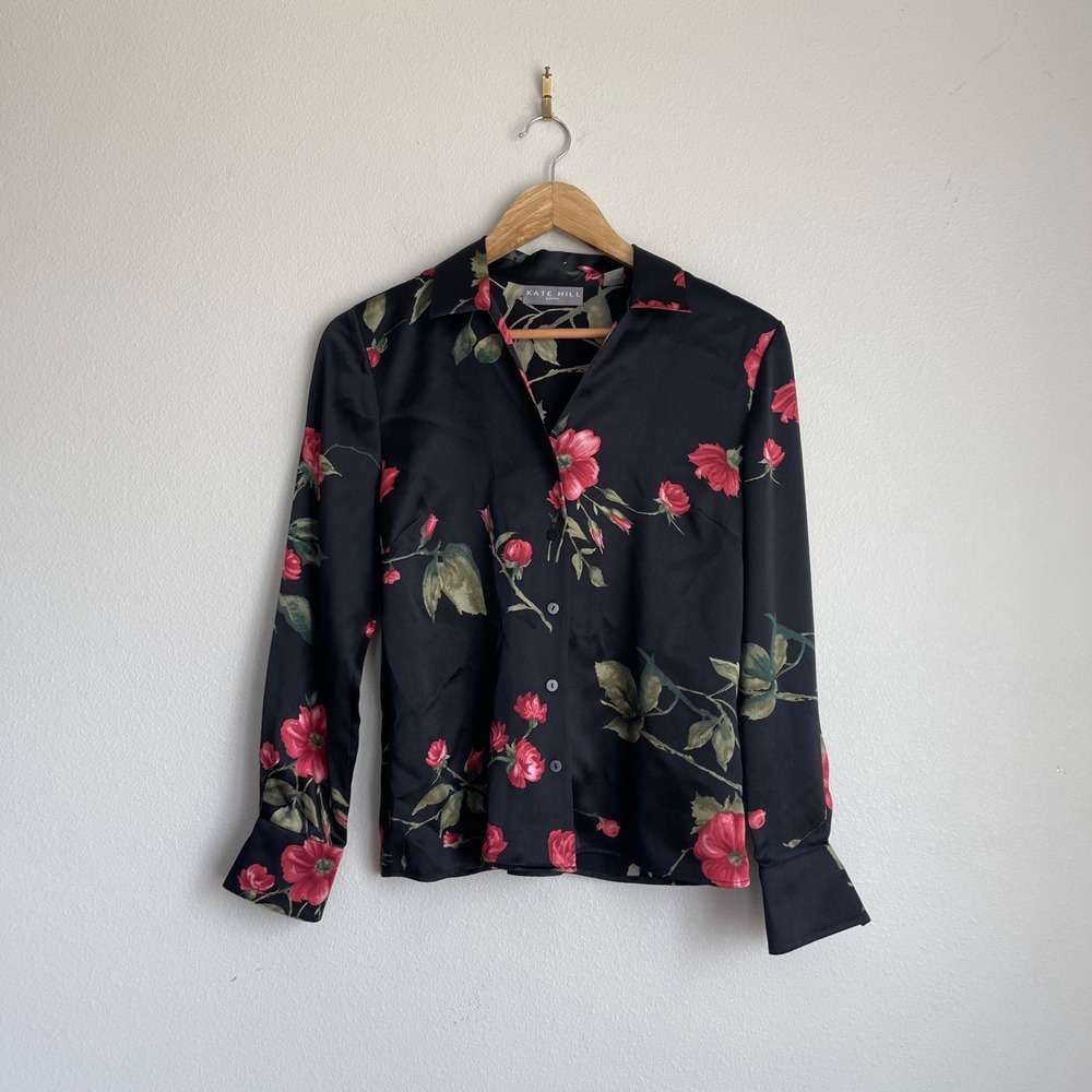 Vintage 90s Kate Hill Petite 100% Silk Floral Print Long Sleeve Blouse‎ - Picture 2 of 9